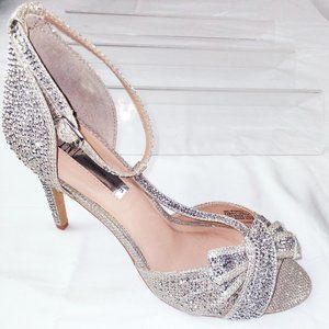 Silver Bow Diamond stud Bling Bridal Wedding Sandals High Heels Size 8m